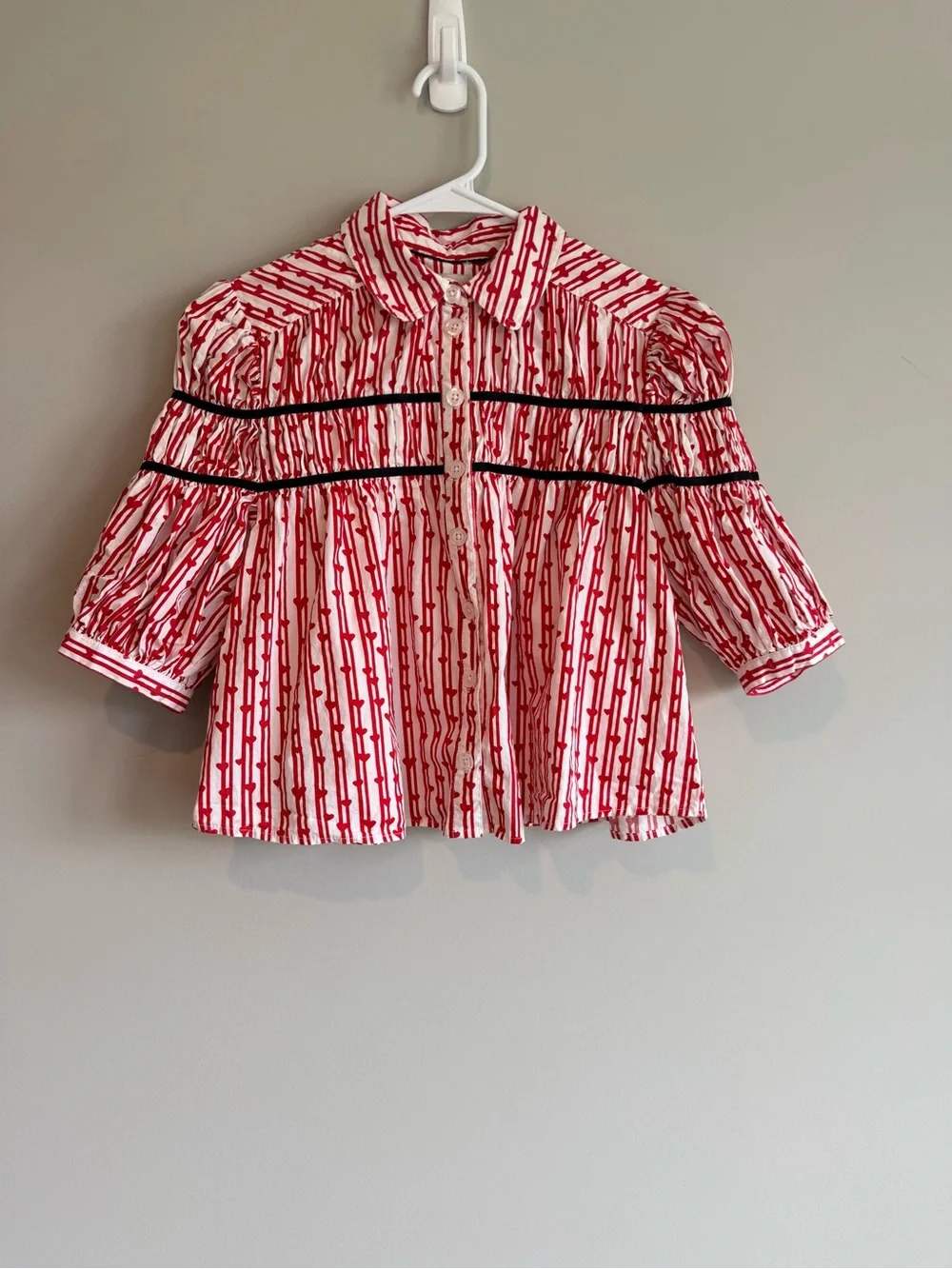 Anthropologie The Leandra Shirred Yoke Blouse: Striped Hearts Edition XS